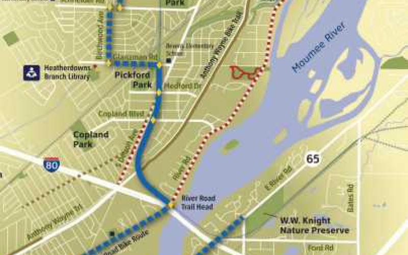 The solid thin line shows the proposed trail leading from the banks of the Maumee River just north of the Ohio Turnpike to W.W. Knight and eventually going to Rossford.