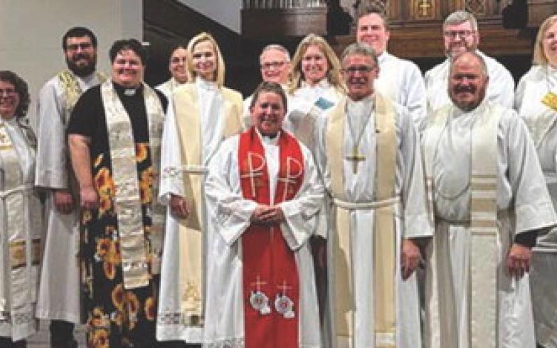 Clergy members on hand for the ordination of Melanie Jo Forrey as associate pastor of Zoar. Melanie Jo Forrey with the Rev. Daniel Beaudoin, bishop for the Northwestern Ohio Synod.