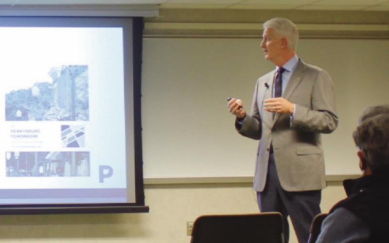 Mayor Tom Mackin shares some of his administration’s accomplishments with attendees at Way Public Library February 22.