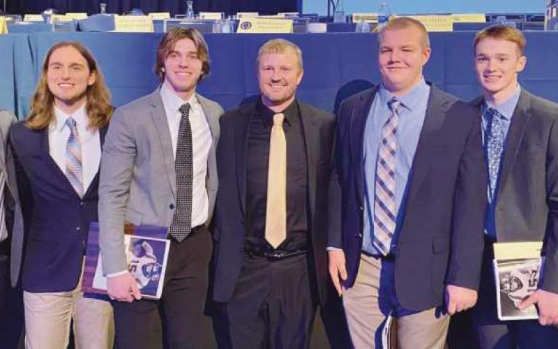 Pictured at the awards banquet are from left, Jack Nordahl, Brock Falkenstein, Jack Borer, Head Coach Dirk Connor, Grant Zimmerly, TJ Takats and Connor Walendzak.