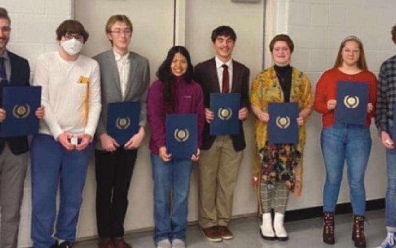 PHS students recently took the Americanism and American Government test sponsored by the American Legion. The top two scorers in each class were recognized. From left: Joe Stockner of the American Legion; PHS social studies educator Ron DeGregorio; freshman Ronald Hershey; sophomores Carter Harrold and Katherine Phothirath; juniors Thomas Van Camp and Clara Burkin; seniors Amanda Kleckner and Braydon Hickerson; and school board member Sue Larimer. Not pictured: Ella Ibsen, freshman.