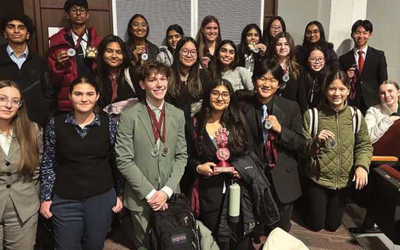 From left to right, front row: Ella Hahn, Anwyn Sawaya, Seth Ermie, Jia Thakker, Robinson Zhang, Iris Weisstein and Sydney Wolfinger. Middle row: Aymana Alam, Cindy Ma, Shambhavi Brahme, Gabriella Briscoe and Ling Chen. Back row: Shubham Brahme, Rishabh Jha, Maanya Parikh, Ria Khatri, Elyssa Hinesman, Anushree Verma, Kate Wu, Nithya Rajan and Alex Ban.