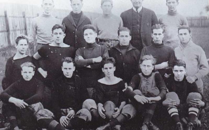 Maumee refused to play this tough-looking 1915 PHS team, as not all were “real” students. Top row, L-R, Ed Schuster, Fred Hallowell, Ellory Pair, Robert Cole, Don Canfield. Middle, Harley Ward, Ray Bayer, Russ Compton, John Loesch, Guy Chambers, Carlton Finkbeiner. Bottom, Fred Yeager, Langdon Ballantyne, Hub Fuller, Charles Maddy, Ken Veitch.