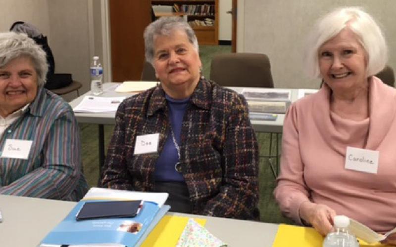 Top photo, from left: Wava Hawker, New Century Club, with Verna and John Rose of the Waterville Historical Society. Bottom: Sue Schiffman; Dee Kroger, New Century Club secretary; and Caroline Abbott.