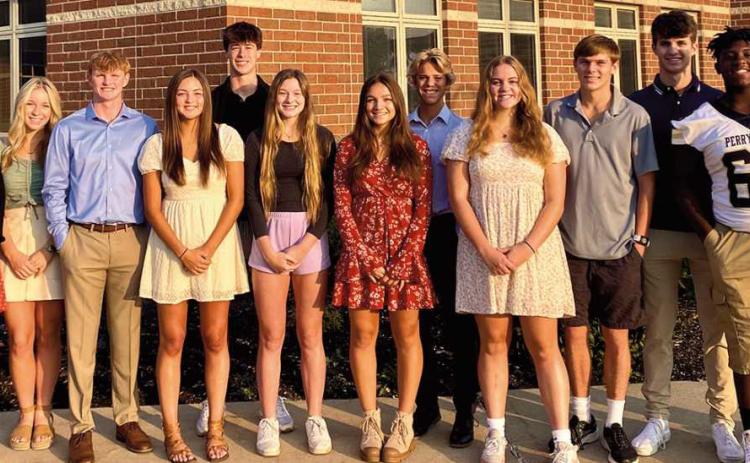 Left to right: Isabella Conrad, freshman; Sylvia Pennese, sophomore; Calleigh Dunphy, junior; Nick Hartzell, senior; Maci Maxwell, senior; Avery Hunt, senior; Danielle Cleavenger, senior; Shea Vaquera, senior; Trevor Pollock, senior; Nora Davis, senior; Andrew Beeks, senior; Joe Dynda, junior; Eric Bush Jr., sophomore, and Caleb Livingston, freshman.