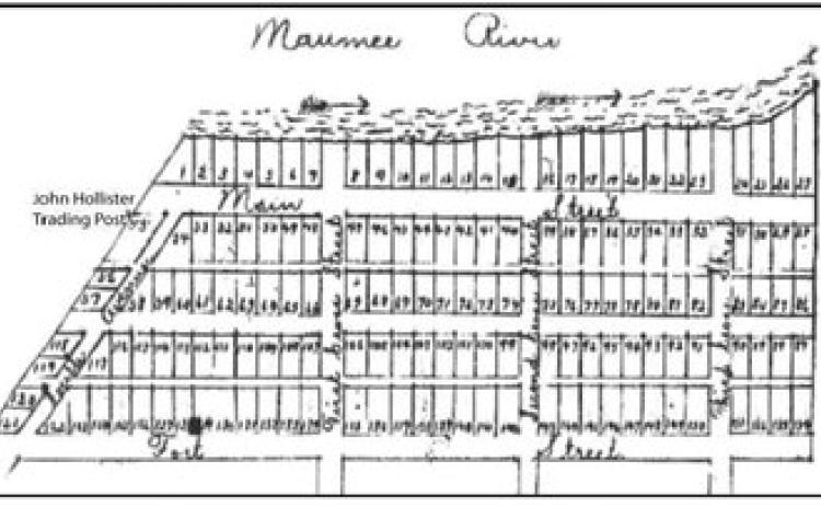 Orleans, 1825, before many of the residents and businesses moved uphill to Perrysburg. Below: early counties took vast amounts of space on a map. The graphic of Ohio in 1803 denotes the future Wood County.