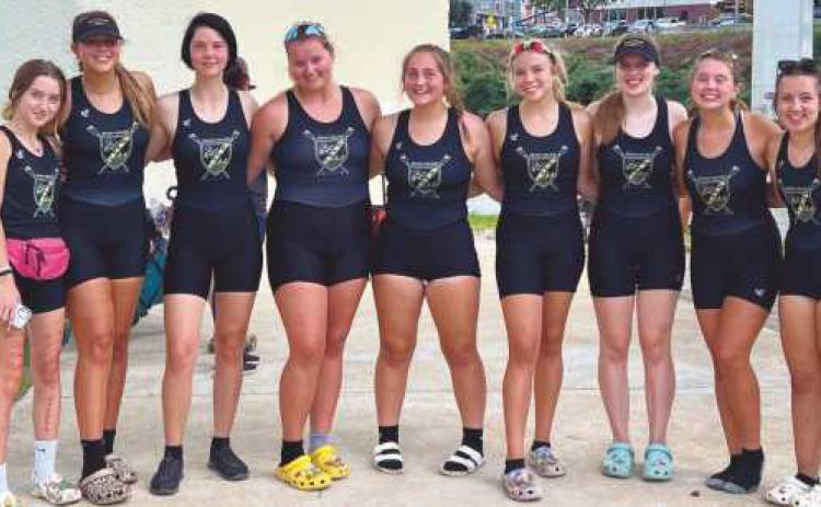 Varsity 8 team that placed fourth at the regatta: Katherine Cromly, Sophia Trendel, Ava Rantanen, Tatum Takats, Callie Friar, Lauren Manges, Myra Smith, Caitlin Rathburn, coxswain Tori Grayson.