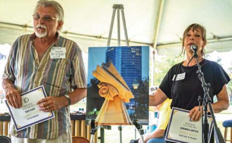 Top, from left, TJ Aitken accepts his first place award from Robin Ballmer; top right, guests enjoy the reception; middle, Hepcat Revival playing for the public, and bottom, a walk around the sculptures.