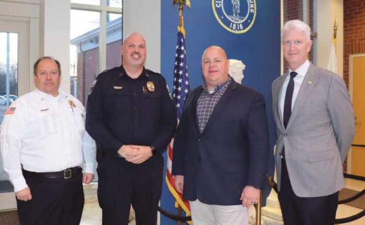From left: Deputy Fire Chief Tom Granata, Police Chief and Safety Director Patrick Jones, Fire Chief William McCullough and Mayor Tom Mackin at February 21 city council meeting.