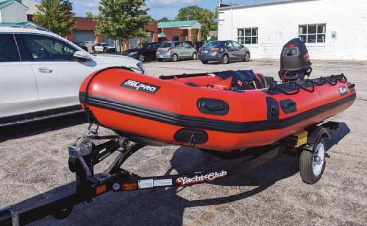 Above is the water rescue craft and trailer the fire department obtained through a grant from Firehouse Subs.
