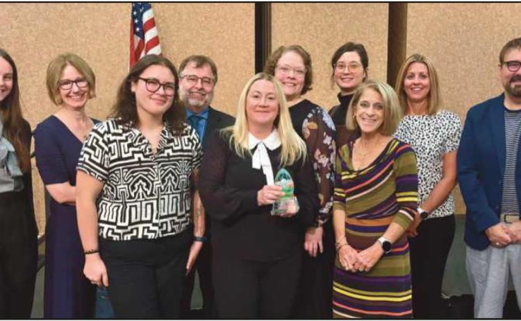 577 staff and board members at the presentation were, from left: Avery Bohman, Connie Stose, Isabelle Tucker, Mike Mummert, Kelly Hirsh, Heather Gallant, Samantha Day, Louann Cummings, Beth Lindhorst and Mike George.