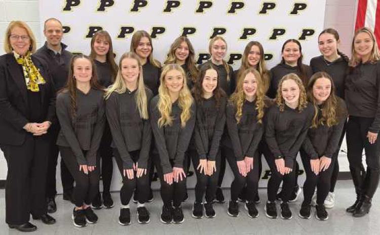 From left, front row: Lillian Shields, India DeBruin, Lillian Bullock, Elizaveta Krasikova, Morgan Allesee, Camryn Bruderly and Anna Costell. Back row: Board member Sue Larimer, Interim PHS Principal Dave Dakolios, Lyla Fischer, Kate Prindle, Sutherlin Bly, Peyton Lynch, Claire Myers, Isabella Shields, Anna Waldo and Coach Ciara Clarke.