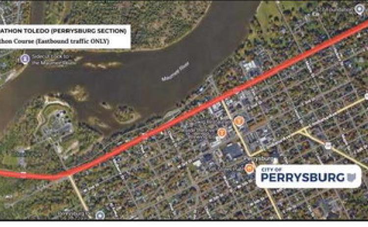 A map graphic showing the Garmin Toledo Marathon route portion that passes through Perrysburg. Visit the city’s Garmin Marathon GIS map dashboard at maps.ci.perrysburg.oh.us/portal/apps/dashboards/ f7a0626178044e00870e65603098629f to see specific road closures, detours and diversions.