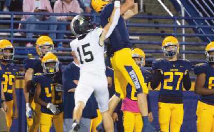 Defensive back Dylan Blubaugh is all over wide receiver Logan Frank as the Panther player leaps up for the catch.