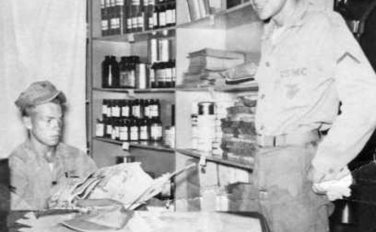 “I’m making the world safe for democracy, dusting off supplies,” said Beck, at right in above photo, laughing. Photo taken in Norfolk, Virginia, in 1955. Below, “When I went into the Marines, I was 120 pounds, when I got out I was 160. That’s what the Marines do,” he said.