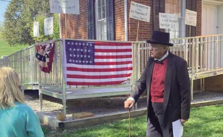 Frank Butwin portraying William Henry Harrison running for U.S. President in 1840.