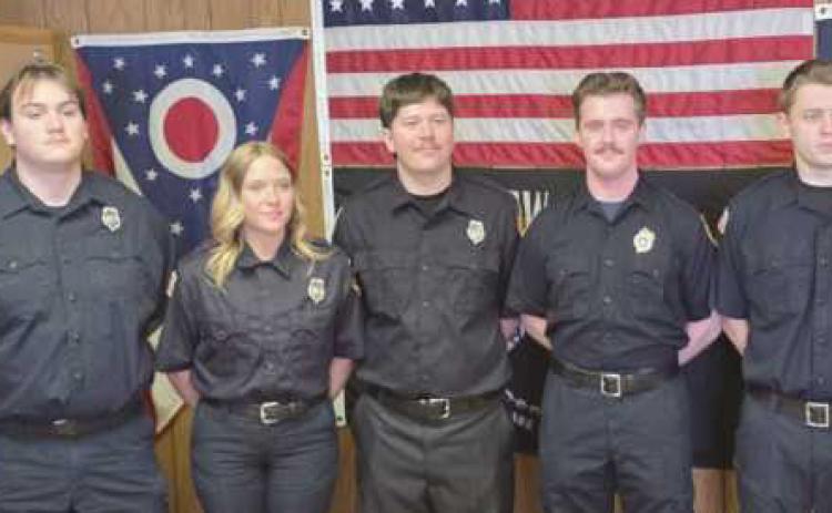 From left: Captain Mike Hampton III; new part-time fire department hires Chance Ruelle, Denim Phillips, Ross Welling, Avery Davis and Kamden Ohrt; Fire Chief Tom Brice.