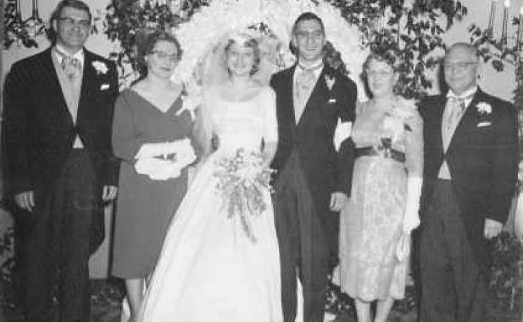 From left: Chuck and Ann Houck, Mary and Larry Houck, and Mary’s parents, Alexandra and Kurt Hellthaler in 1958. Below: Mary’s mother and Larry and Mary Houck at their wedding.