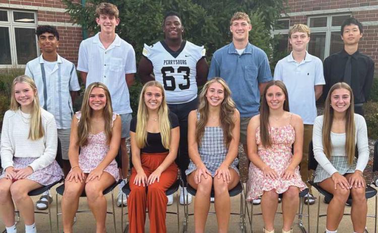 Members of the 2024 Perrysburg High School homecoming court are, front row, from left: Annie Heinold (9th), India DeBruin (10th), Sydney Evert (12th), Ava Beeks (12th), Mackenzie Hurley (12th), Grace Langendonk (12th), Adyson Brown (11th) and Sarah Modlin (11th). Back row: Shubham Brahme (9th), Eli Wilkinson (12th), Eric Bush Jr (12th), Zach Schroeder (12th), Freddie Dowling (12th) and Simon Deng (10th).