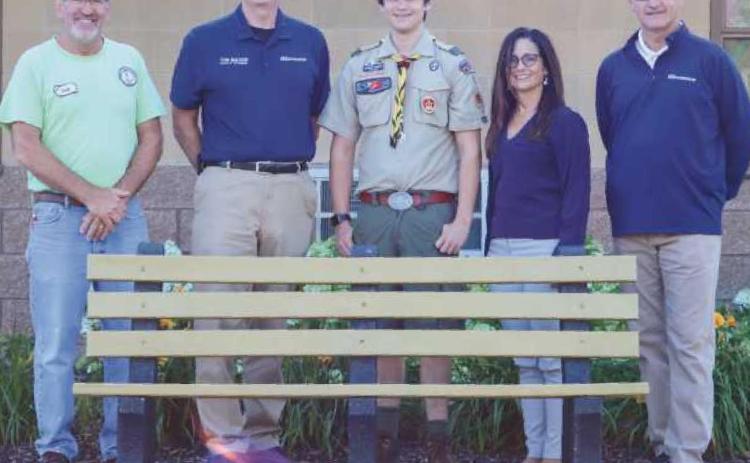 From left, Greg Kuhr, city operations manager; Mayor Tom Mackin; Eagle Scout James Scheff and his mother, Robin Scheff; and Rob Ross, city director of public service.