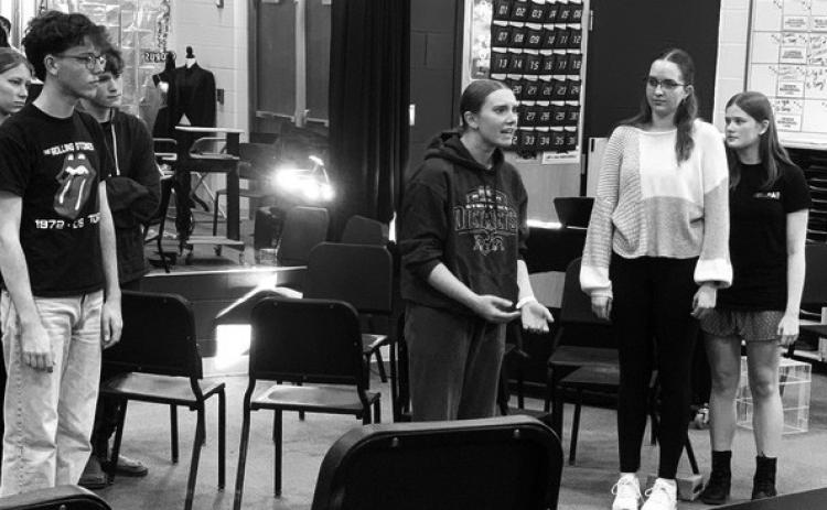 PHS drama students rehearsing for ‘The Diary of Anne Frank’ are, front row from left, Seth Ermie, Sydney Wolfinger, Annabelle Bucko and Piper McGuire. Background, Madeline Jones and Bennett Gannon.