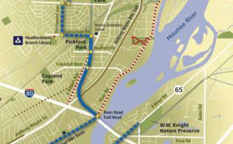 The solid thin line shows the proposed trail leading from the banks of the Maumee River just north of the Ohio Turnpike to W.W. Knight and eventually going to Rossford.