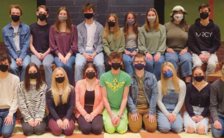 Cast, front row, from left: Max Baca, Cecily Hayward, Avery Snyder, Dakota Bach, Collin DeVincent, Jacob Benington, Lindsay Sanderson, Merritt Backus and Clayton Snyder. Back row: Caleb Gildner, Evan Boyers, Rowan Creps, Owen Dennis, Katie Kleeberger, Grace Ermie, Megan Bartalsky, Natalie Merriman and Luke Knight.
