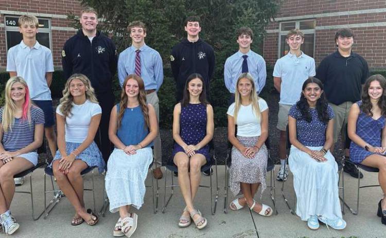 The 2026 Homecoming Court. From left, front row: Mabel Sperling, sophomore, Liv Green, senior; Avery Peters, senior); Lucy Barkholz, senior; Leah Getchey, senior; Mona Gill, junior, and Clementine Schindler, freshman. Back row: Thomas McQuillen, sophomore; Reed Gerken, senior; Brody Macke, senior; Brady Maxwell, senior; Liam Thompson; senior; Troy Hammond, junior, and Alex Scasny, freshman.