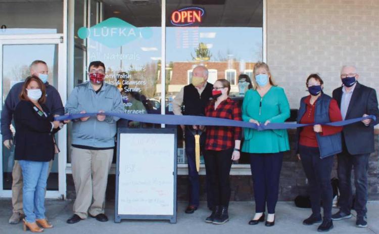 From left: Eric Hennan, president of the Perrysburg Chamber of Commerce; Vicky Canales Pratt, also with the chamber; Mr. Majchszak; city council member Barry VanHoozen; Mrs. Majchszak and city council members Deborah Born, Jan Materni and Mark Weber.