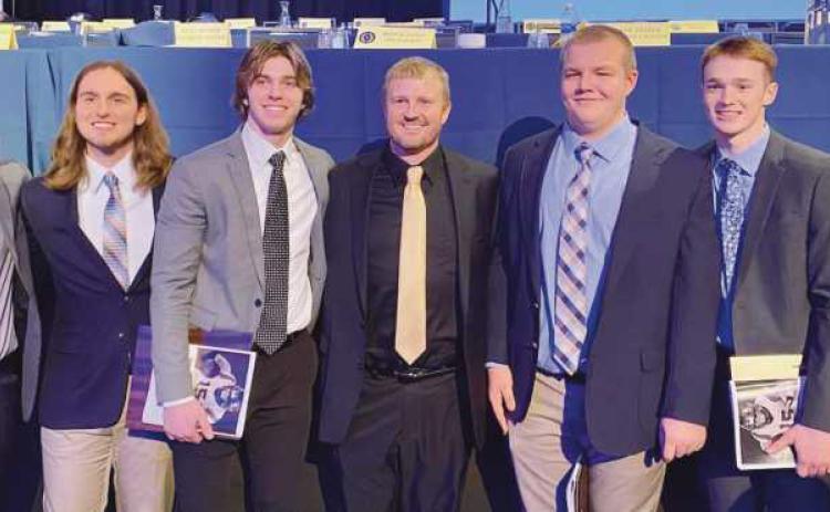 Pictured at the awards banquet are from left, Jack Nordahl, Brock Falkenstein, Jack Borer, Head Coach Dirk Connor, Grant Zimmerly, TJ Takats and Connor Walendzak.